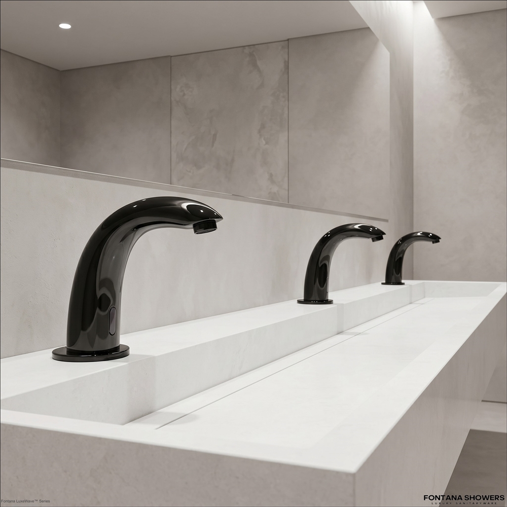 Two matte black sensor faucets installed along a white commercial washbasin