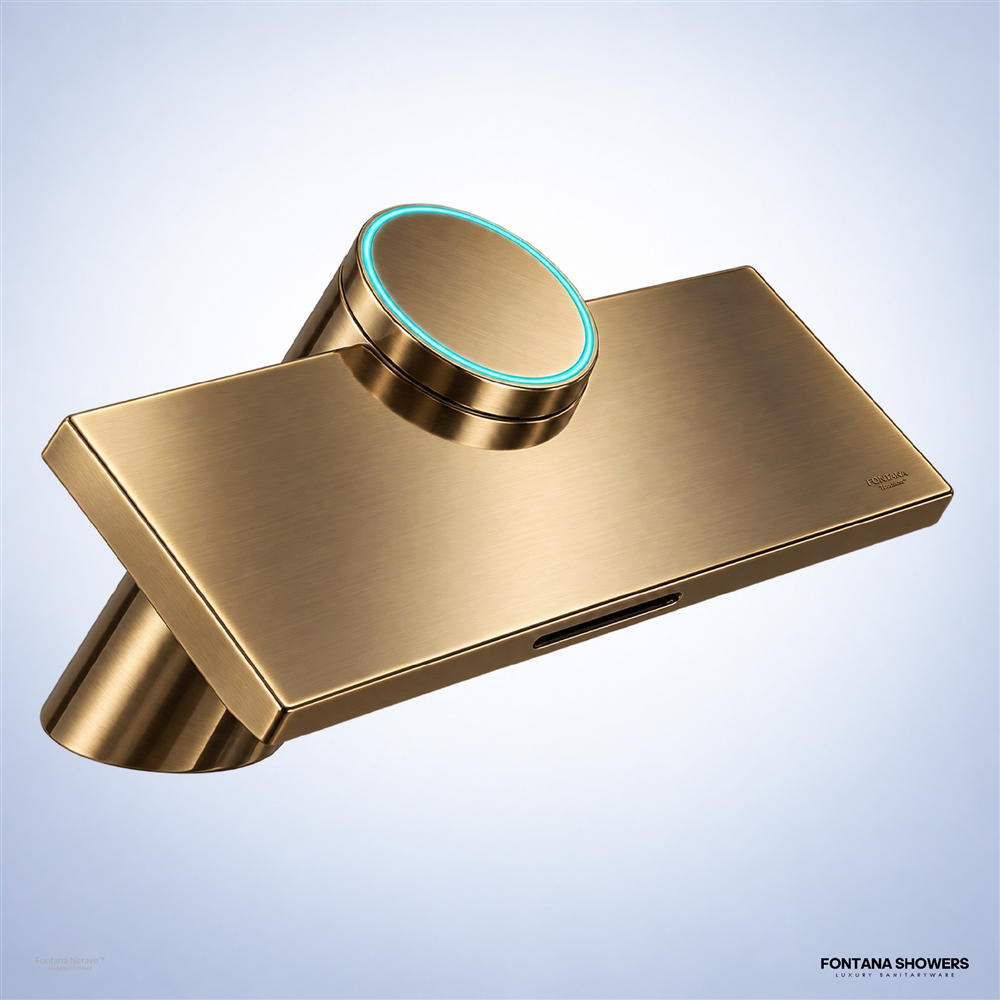 Antique Brass touchless faucet with integrated hand dryer at a commercial restroom basin.
