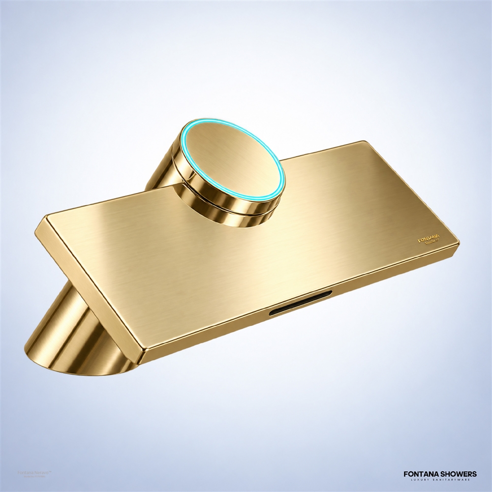 Brushed gold touchless faucet with integrated hand dryer in a commercial restroom.