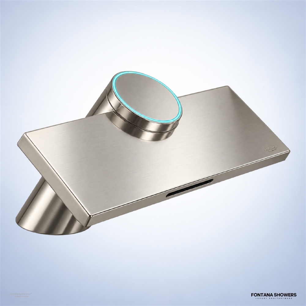 Brushed nickel touchless faucet with integrated hand dryer in a commercial restroom.