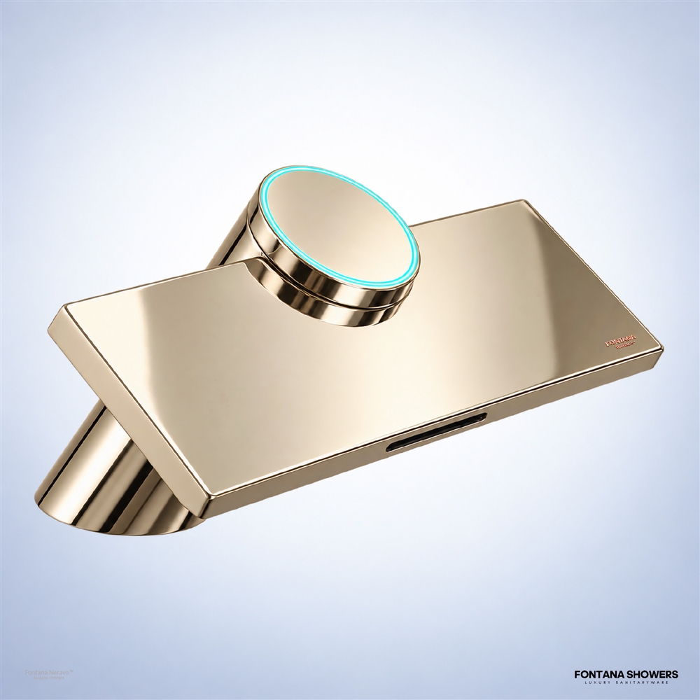 Champagne touchless faucet with integrated hand dryer at a modern commercial restroom basin.