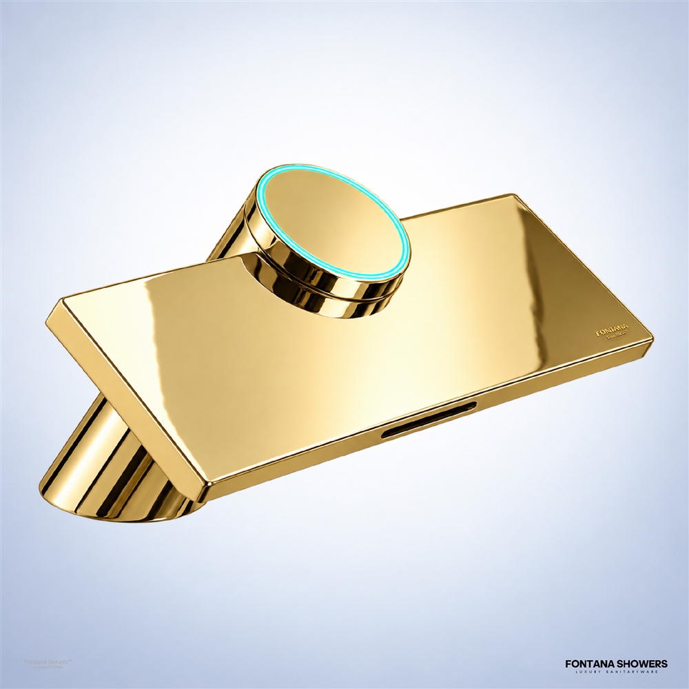 Gold automatic touchless sensor faucet installed at a modern bathroom sink.