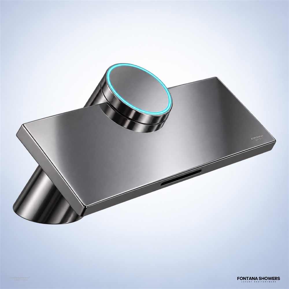 Gun Metal Gray touchless faucet with integrated hand dryer at a contemporary restroom basin.