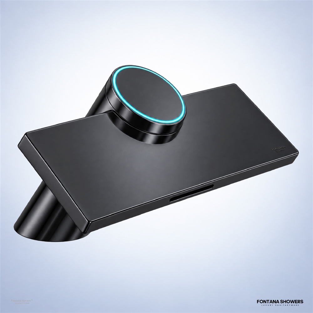 Matte black touchless faucet with integrated hand dryer at a commercial restroom basin.
