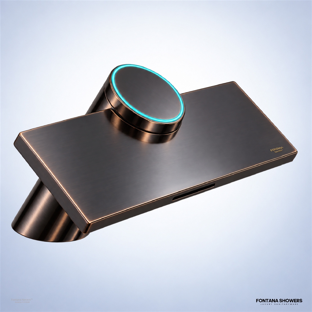Oil Rubbed Bronze touchless faucet with integrated hand dryer at a commercial restroom basin.