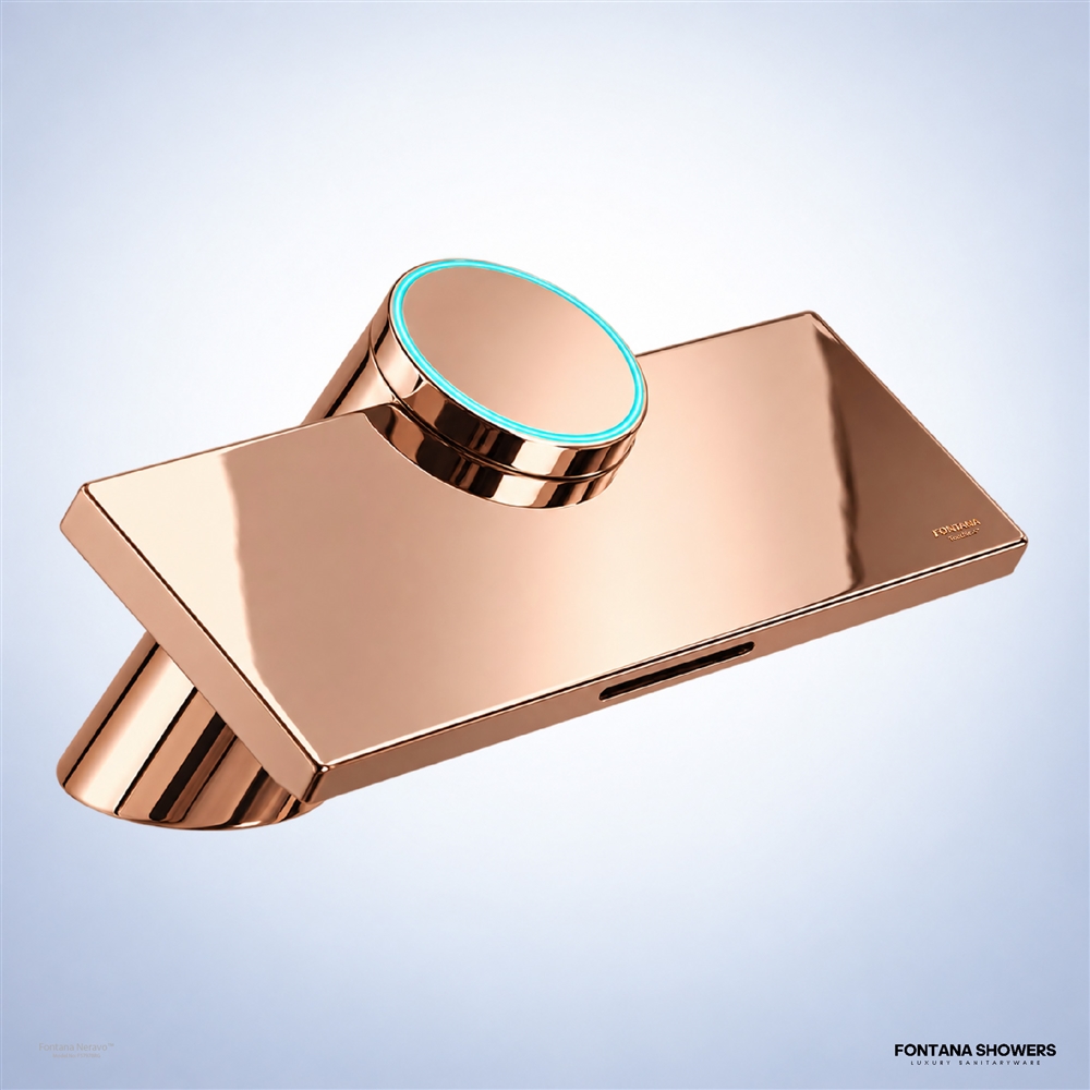 Rose gold touchless faucet with integrated hand dryer in a commercial restroom.