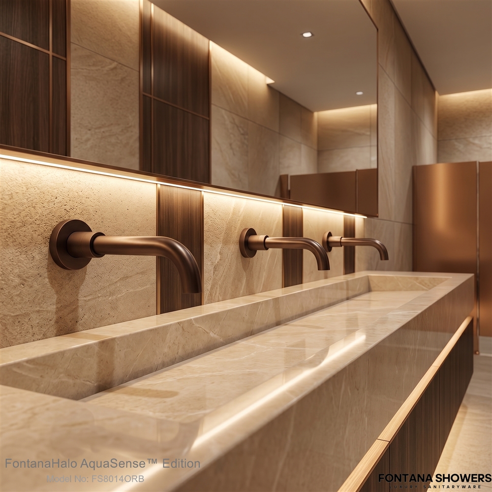 Fontana FS8014ORB oil rubbed bronze wall-mounted faucet overall dimensional drawing showing front elevation, side elevation, top view, outlet-end view, spout reach, tube diameter, wall flange and threaded connection