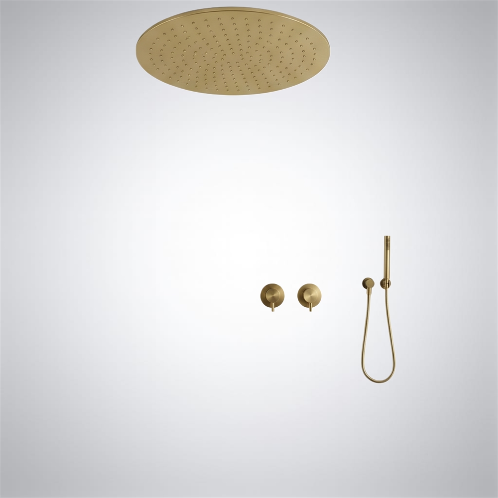 Brushed gold rainfall shower set with handheld sprayer for modern aesthetics and finish selection
