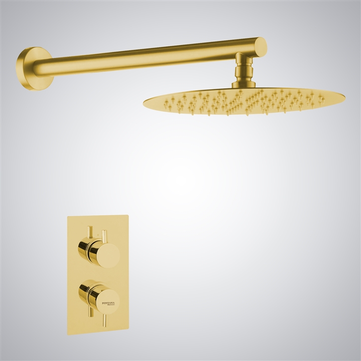 Fontana Polished Gold Ultra-Thin Shower Head With Thermostatic Shower Mixer
