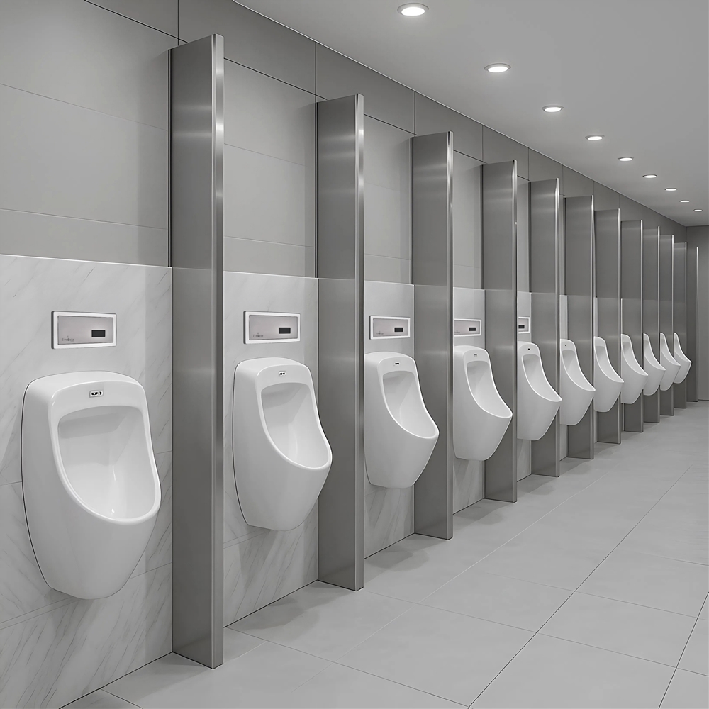 High-traffic urinal bank with concealed sensor flush systems in a modern commercial restroom