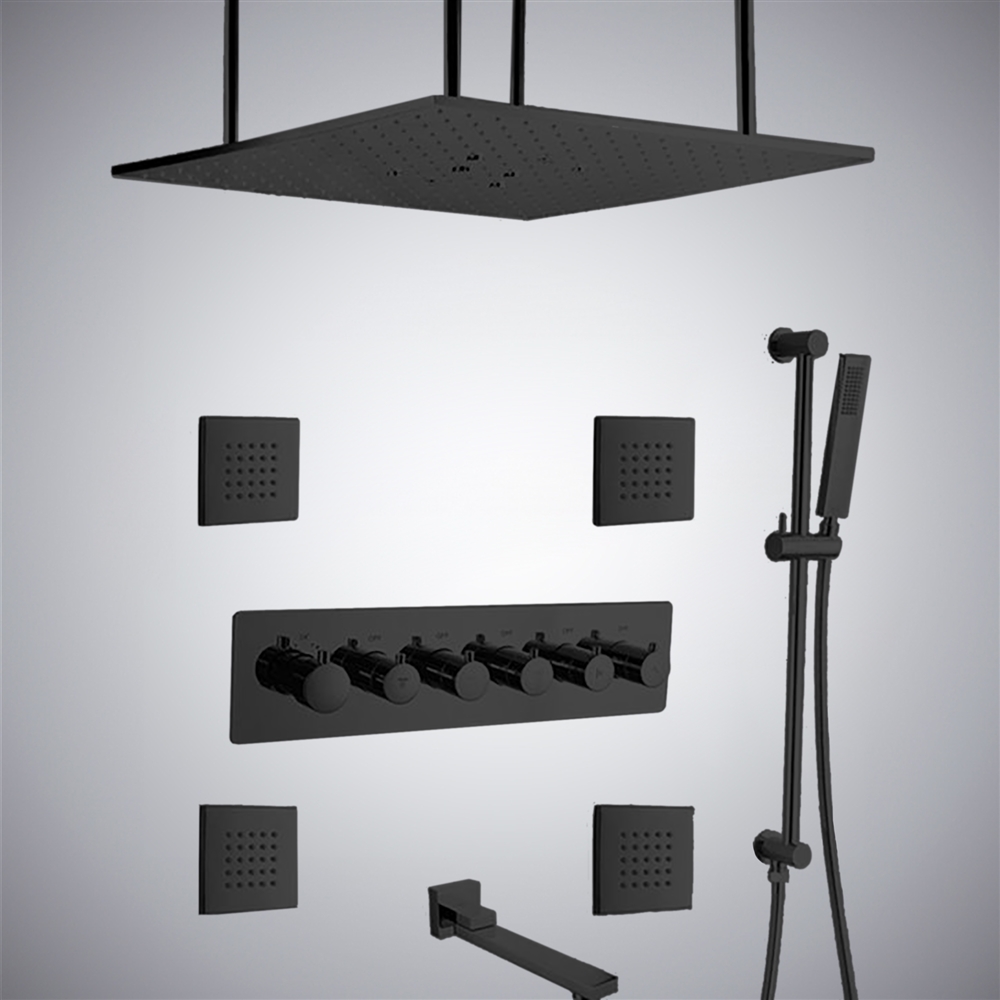 Fontana Thermostatic Bathroom LED Rain Shower System With Body Jets Spray in Matte Black