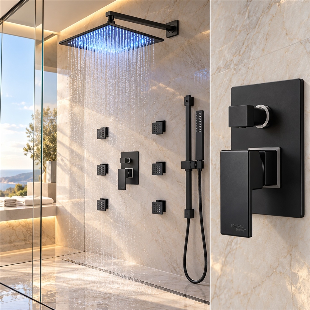 Fontana  FS9605B Greenwich Showers Hot and Cold Rainfall LED Bathroom Shower with Massage Jets