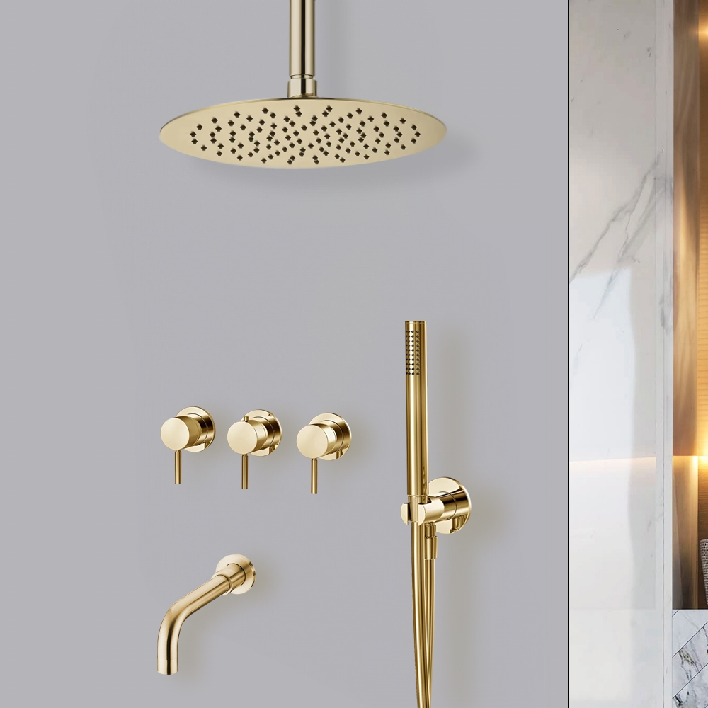 Fontana Brushed Gold Round Headed Shower System with Handheld Shower