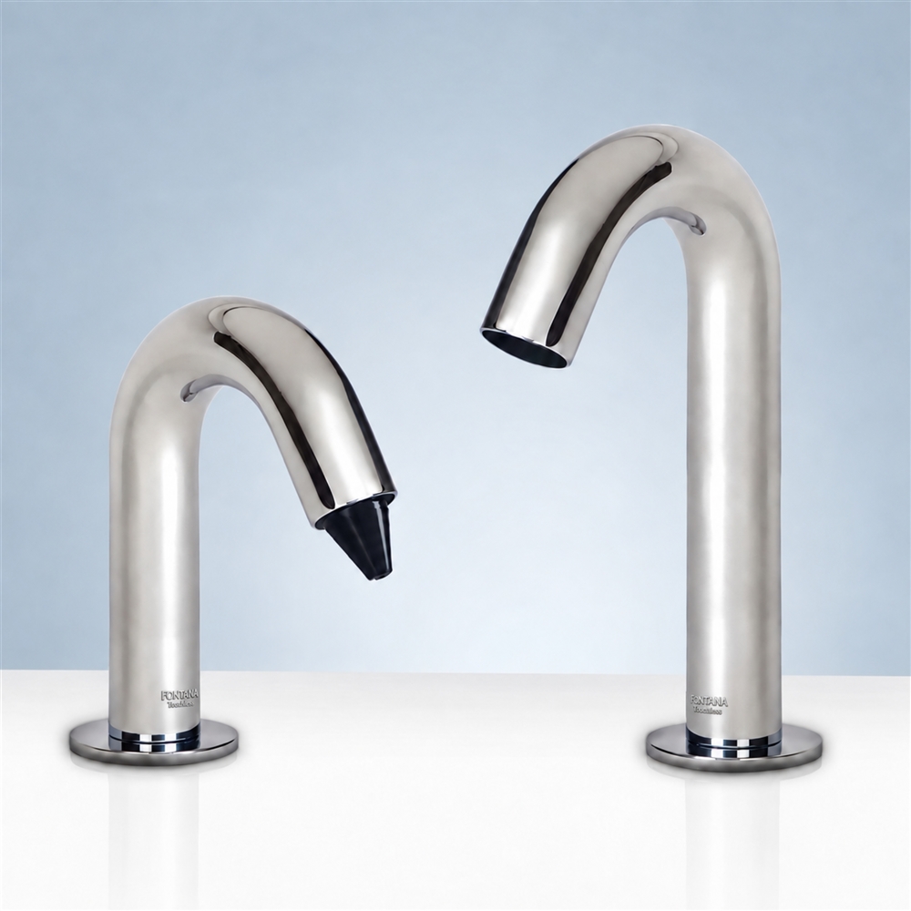 Fontana Reno Goose Neck Chrome Finish Dual Commercial Automatic Sensor Faucet And Soap Dispenser