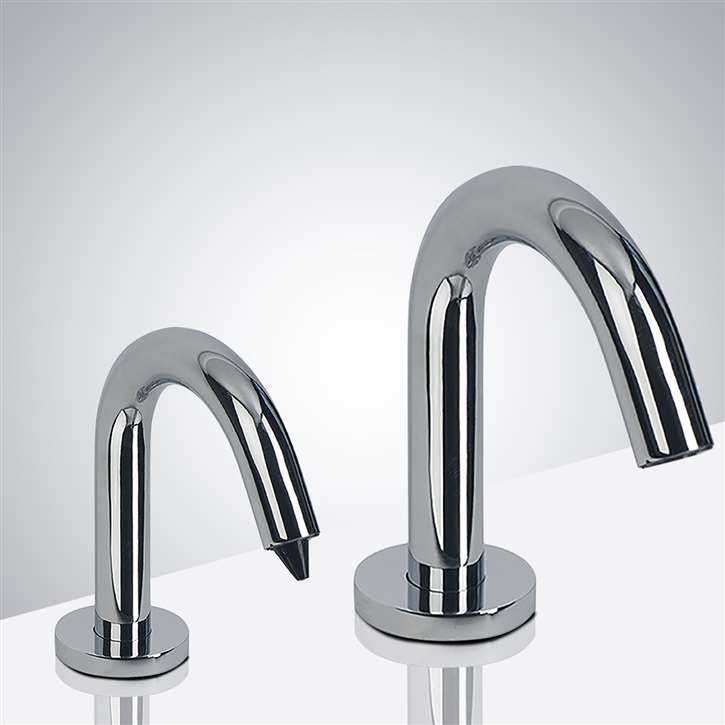 Chrome touchless faucet soap dispenser set