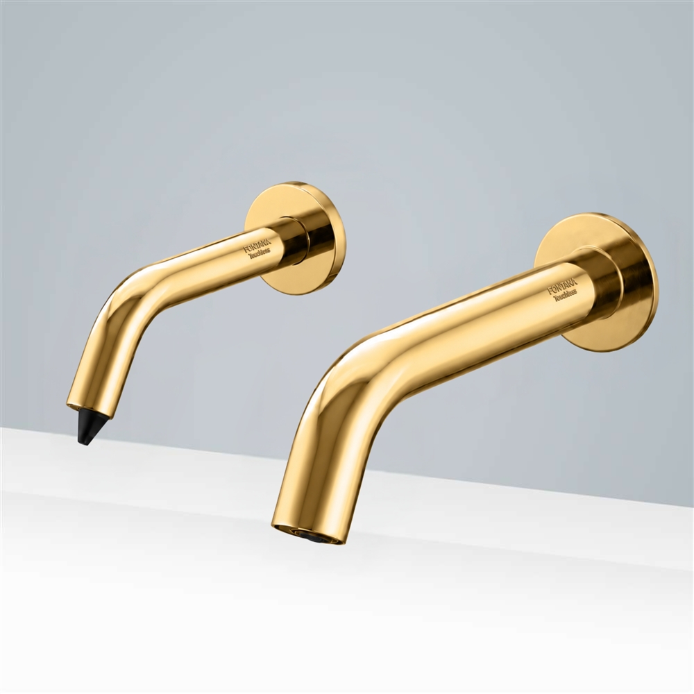 Fontana Milan Solid Brass Shiny Gold Finish Wall Mount Dual Sensor Faucet And Soap Dispenser