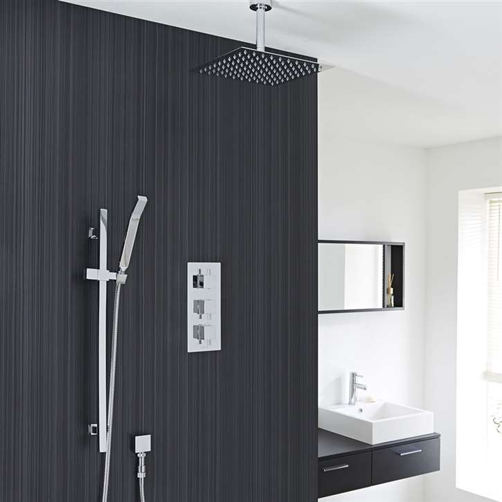 Brushed-gold waterfall and rainfall shower-system installation planning