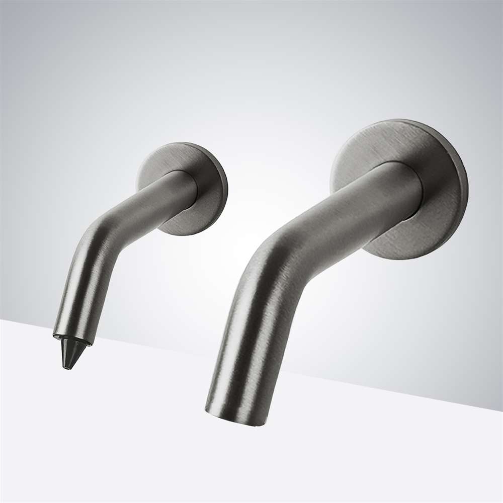 Fontana Milan Solid Brass Brushed Pewter Wall Mount Dual Commercial Sensor Faucet & Automatic Touchless Soap Dispenser
