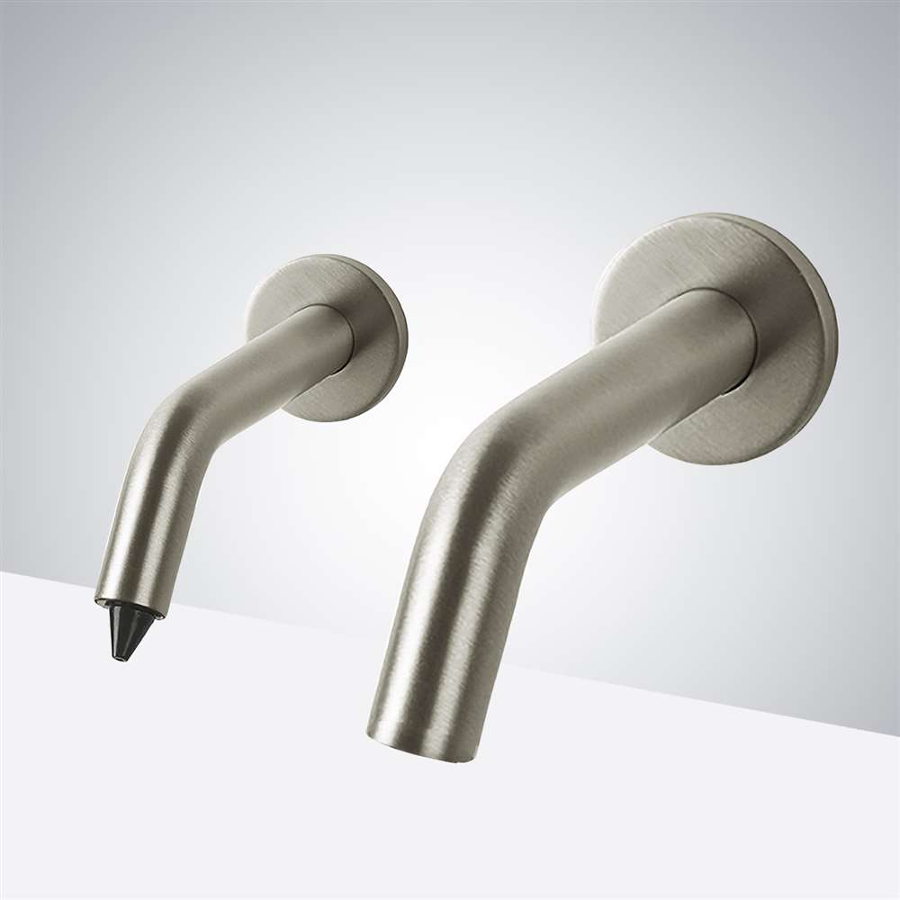 Fontana Milan Contemporary Style Brushed Nickel Finish Wall Mount Dual Commercial Sensor Faucet And Automatic Touchless Soap Dispenser