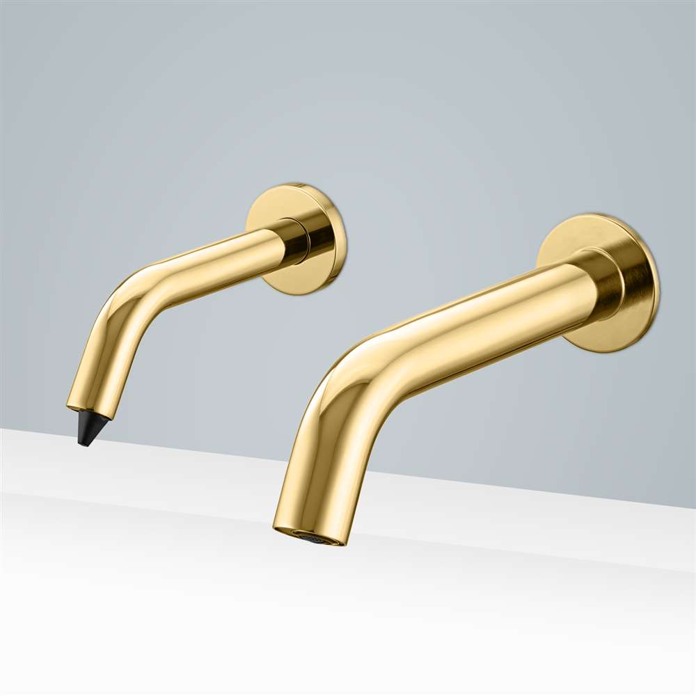 Fontana Milan Solid Brass Polished Gold Finish Wall Mount Dual Sensor Faucet And Automatic Touchless Soap Dispenser