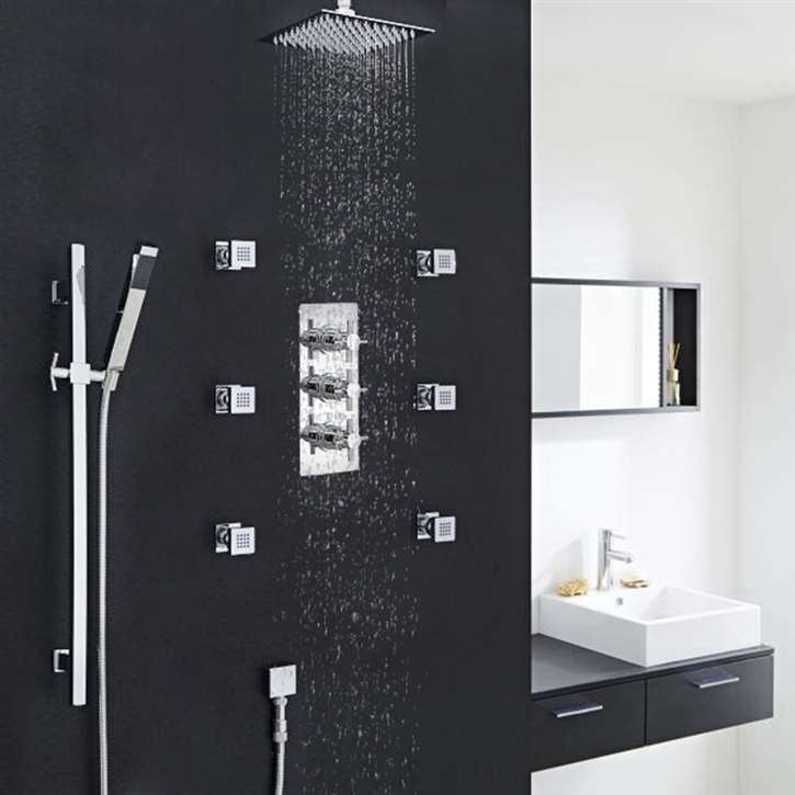Ceiling-mounted thermostatic rainfall shower with six body jets installation planning